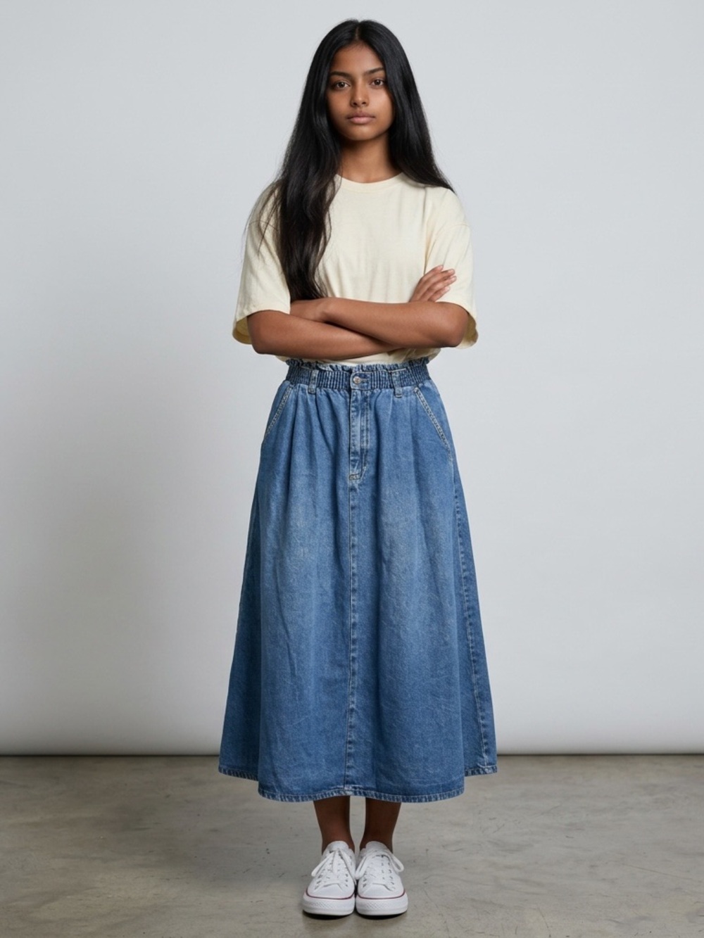 Vintage 80s Vivaldi A-Line Denim Maxi Skirt Elastic Waist Vintage Blue 6